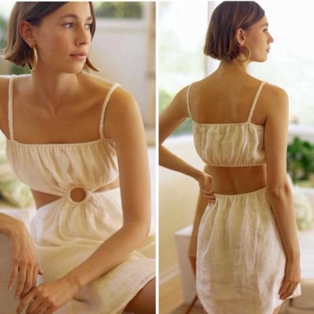 Faithfull the Brand White Cut Out 100% Linen Mini Dress Wmns XL Minimalist - Picture 1 of 8